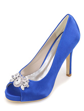 Blue Wedding Shoes Women High Heels Satin Rhinestones Peep Toe Slip On Pumps
