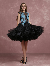 Tulle Prom Dress Black Illusion Embroidered Beaded Cocktail Dress Lace Sleeveless Backless Knee Length Party Dress
