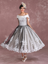 Brautkleider Vintage Prinzessin Schwarz mit Carmenausschnitt Satingewebe Kurzarm wadenlang Hochzeit natürliche Taillenlinie und Reißverschluss