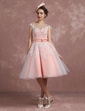 Vintage Wedding Dress Blush Pink Lace Applique Bridal Gown Short Illusion Organza Double Sash Bows Sleeveless Knee Length Bridal Dress Milanoo