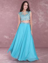 Two Piece Prom Dresses Long Cyan Chiffon Lace Illusion Floor Length ...