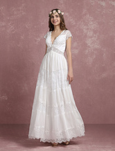 Boho Wedding Dresses Lace Beading Chiffon Deep V Neck Cap Sleeve A Line Illusion Ankle Length Beach Bridal Gown Free Customization