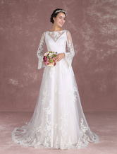 Summer Wedding Dresses 2024 Boho Lace Beach Bridal Dress Bell Sleeve Illusion V Back Chapel Train Bridal Gown Milanoo