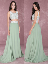 Chiffon Prom Dresses 2 Piece Beading Occasion Dress Sage Green Lace Applique Sleeveless Floor Length Party Dresses Milanoo