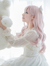 Dolce Lolita parrucche morbido rosa chiaro ricci lunghi capelli con la frangetta smussato