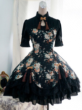 Lolitashow Vestido de Algodão preto Qi Lolita uma peça vestido mangas curtas Peony impressão ata acima