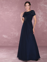 Chiffon Mother Of The Bride Dresses Lace Applique Beading Evening Dresses Dark Navy Short Sleeve Pleated Floor Length Party Dress