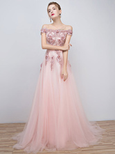 Тюль Пром платье мягкий розовый с плеч платье кружевной аппликацией бисером цветок A линии случаю платье с поездом