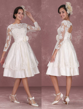 Vintage Wedding Dresses 1950s Short Lace Applique Long Sleeve Keyhole Flower Sash Tiered Bridal Dress Free Customization