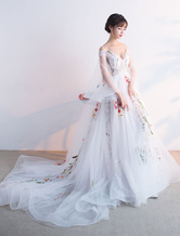 Floral Festzug Kleid A-Linie- für Festumzug Mit Schleppe mit Schnürung Tüll in Elfenbeinfarbe mit Spitzen und V-Ausschnitt 