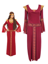 Women Vintage Costume Renaissance Dark Red Maxi Dress With Headpieces