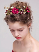ヘアアクセサリー　ヘッドピース　ウェディング　髪飾り　頭飾り　ヘッドドレス　女性用　レッド　合金　