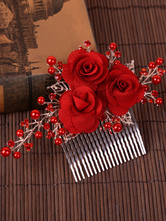Bridal Hair Comb Red Flower Pearl Rhinestone Wedding Hair Accessory