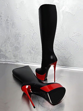 Sapatos de salto alto preto botas de salto alto plataforma redonda dedo médio botas de bezerro de meados
