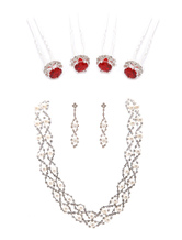 Wedding Jewelry Set Ruby Hairpin With Rhinestone Pearl Choker Necklace And Dangle Earring