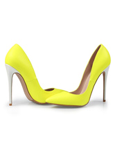 Women High Heels Pointed Toe Slip On Pumps Yellow Basic Heeled Shoes