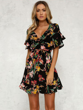 スケーターワンピース ブラック 夏ワンピース 半袖 ポリエステル スケータードレス フリル Vネック レディースワンピース プリント柄 シック モダン レディースファッション Milanoo Jp