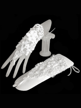 Lace Wedding Gloves White 3D Flowers Applique Ribbons Fingerless Bridal Gloves