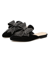 Black Mules Women Pointed Toe Rhinestones Bow Backless Flat Shoes ...