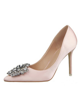 Pink High Heels Satin Pointed Toe Rhinestone Evening Shoes Women Dress Shoes