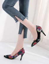 Women High Heels Satin Rose Pointed Toe Floral Printed Slip On Pumps