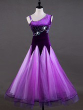 Ballroom Dance Costume Dresses Purple Women Long Sleeve Organza Beaded Practice Dancing Costume