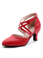 Red Dance Shoes Women Ballroom Shoes Pointed Toe Criss Cross Buckle Detail Latin Dance Shoes
