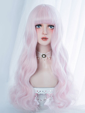 Sweet Lolita Wig Harajuku Blunt Bang Tousled Body Wave Soft Pink Lolita Wig