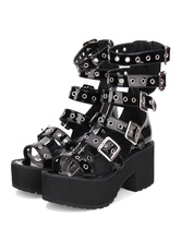 Gothic Lolita Sandal Grommet Buckle Platform Chunky Heel Black Lolita Shoes