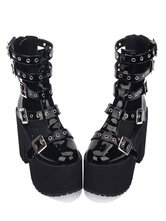 Gothic Lolita Sandal Grommet Buckle Platform Glazed PU Negro Lolita Zapatos