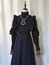 Classic Lolita OP Dress Ruffle Illusion Pleated Black Cotton Lolita One Piece Dress
