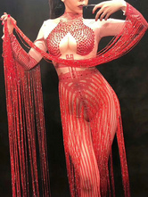 Faschingskostüm Jazz Dance Kostüm Red Quasten Langarm Frauen Sexy Club Wear Karneval Kostüm