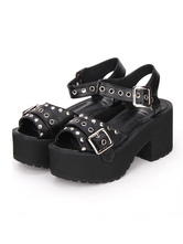 Punk Lolita Sandals Metallic Buckle Rivet Grommet Platform Chunky Heel Black Lolita Calzature