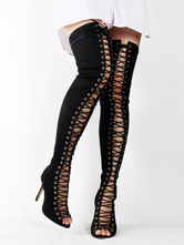 Thigh High Boots Womens Nubuck Lace Up Peep Toe Stiletto Heel Over The Knee Boots