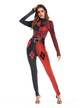 ハーレークインハロウィンジャンプスーツ女性用黒と赤プリント長袖コスチューム