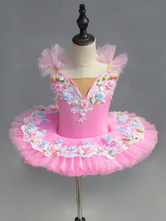 Ballet Dance Costume Pink Lace Flowers Pleated Ballerina Dress