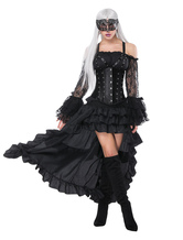 Disfraz de carnaval Steampunk Mujer Negro Vintage Volantes Alto Bajo Corsé y falda