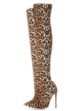 Botas altas mujer Estampado de leopardo con pala de spandex de tacón de stiletto de puntera puntiaguada 12cm de dibujos de leopardo