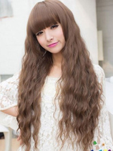 Perucas de cabelo de mulheres luz marrom despenteado longas perucas sintéticas encaracoladas com franja