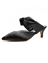 Black Mules Shoes Satin Pointed Toe Bow Kitten Heel Mules For Women