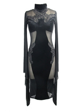 ゴシックドレスハロウィーンコスチューム女性黒ロングスリーブタイトなドレス