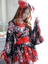 日本の着物のコスチューム女性黒いショートロリータドレスメイドのコスプレアニメセット