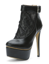 Black Women Boots Platform Almond Lace Patchwork Buckle Detail High Heel Booties