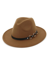 Men Wool Hat Metal Detail Brown Fedora Bowler Hat