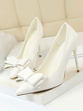 Grey High Heels Pointed Toe Bow Stiletto Heel Slip On Pumps For Women
