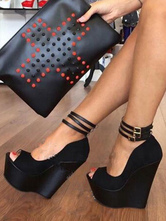 Chaussures à talons hauts Noir Chaussures Compensées Suédé Bout Ouvert Sangle de Cheville Chaussures Sexy