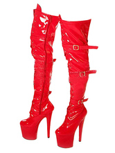 Rot Sexy Stiefel 2024 Damen Platfürm Schnalle Detail Reißverschlussstiefel Über die Knie Stiefel High Heel Oberschenkelhohe Stiefell