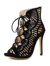 Black Suede Gladiator Sandals Cut Out Lace Up Stiletto Heel Sandals