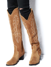 Comentarios de clientes - Botas Cowboy Mujer 2022 Botas Invernales Marrón  de Cuero de Ante Punta Redonda Bordado Botas hasta Rodilla - Milanoo.com