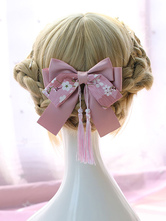 Lolita copricapo in stile cinese stampa nappa fiocco rosa accessorio per capelli lolita